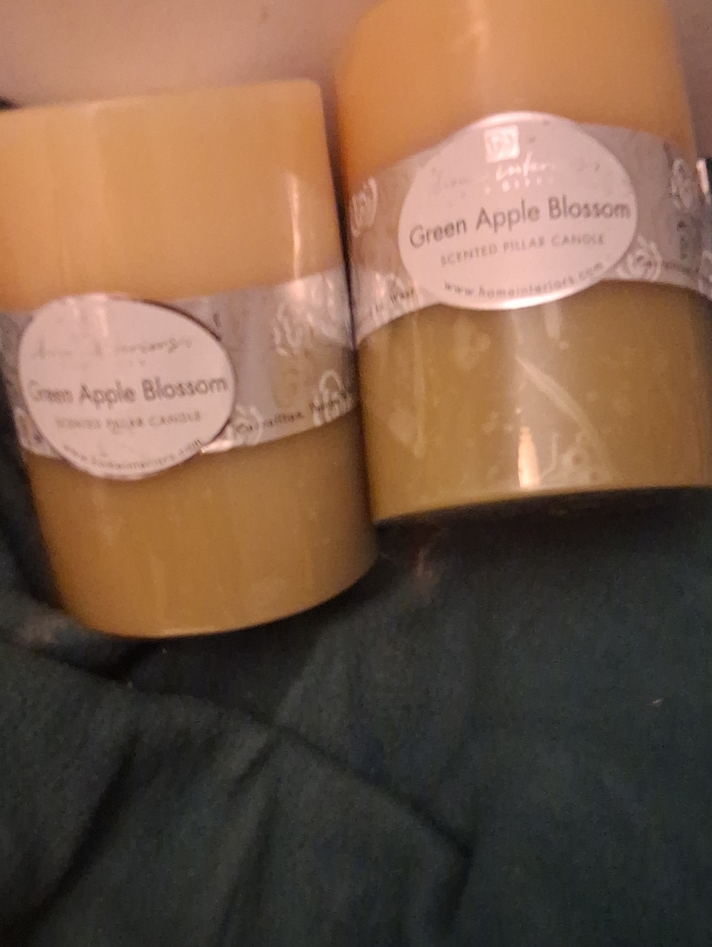 Home Interiors Green and Cream Scented Pillar Candles - Green Apple Blossom
